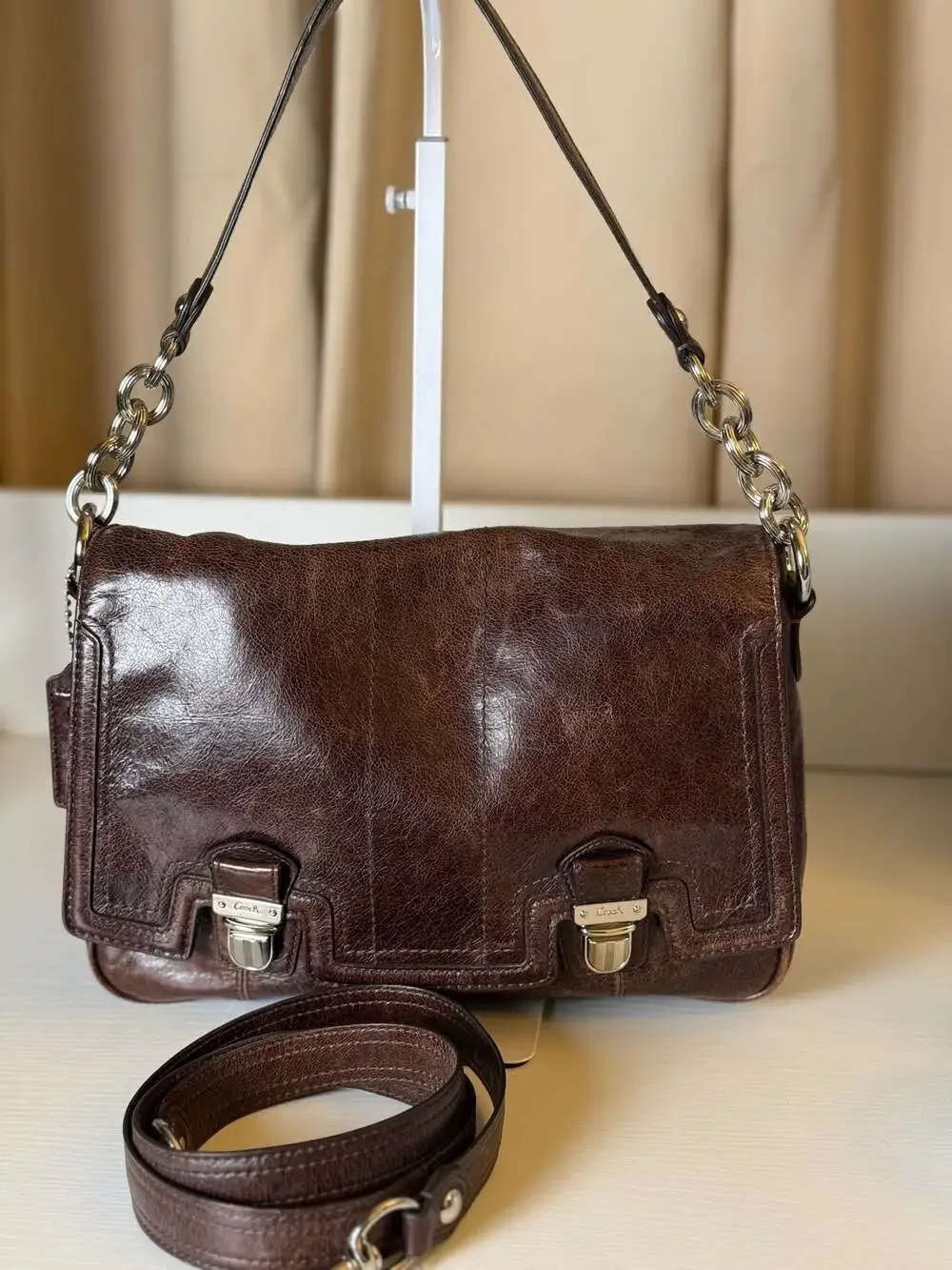 Coach 17925 Pop Leather Pushlock Flap Shoulder Bag Mahogany